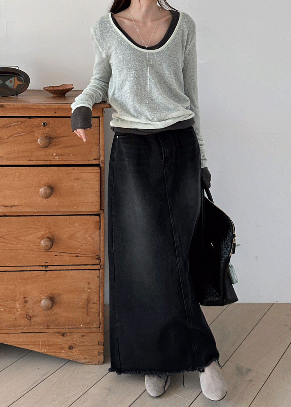 Black maxi denim skirt